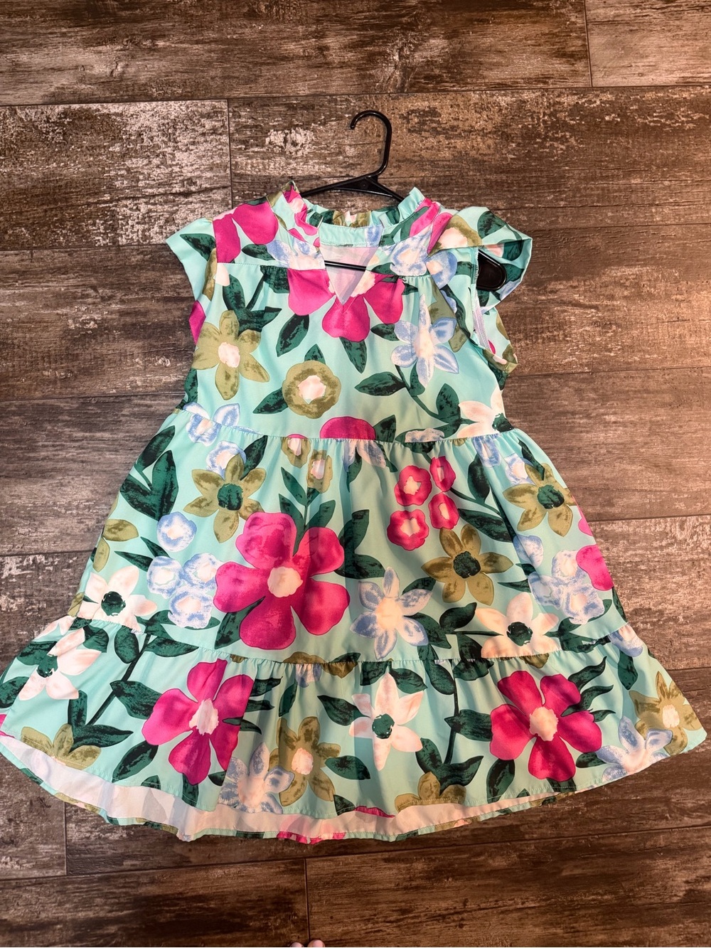Women’s  Floral Ruffle Hem Dress - Aqua with Pink Flowers